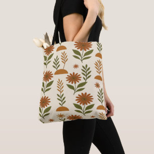 Cream and Brown Floral Boho Tote Bag