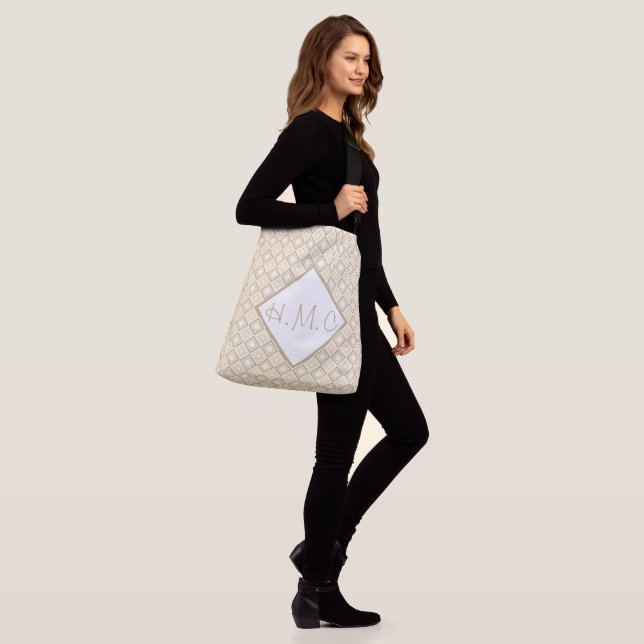 Cream and Brown Patterned Oversized Tote Bag (On Model)