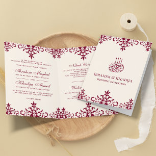 Cream and Burgundy Damask Islamic Muslim Wedding Invitation