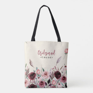 Cream and Burgundy Flowers Bridesmaid Bachelorette Tote Bag