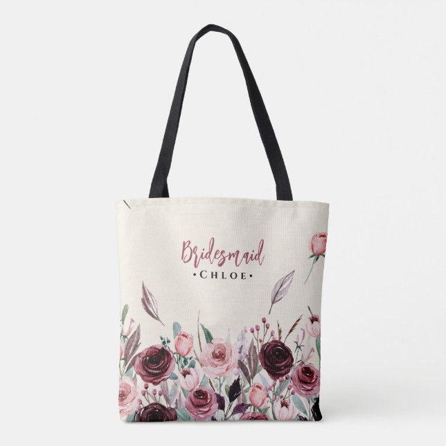 Cream and Burgundy Flowers Bridesmaid Bachelorette Tote Bag (Back)
