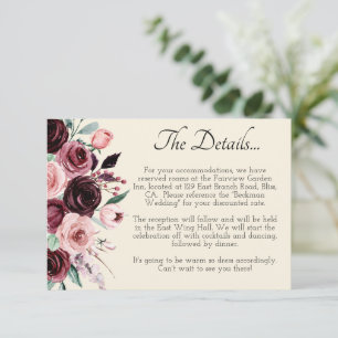 Cream and Burgundy Flowers Wedding Details Card