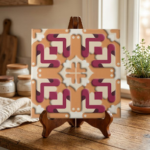 Cream and Burgundy Red Symmetrical Geometric Ceramic Tile