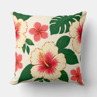 Cream and Coral Pink Flowers with Green Leaves Cushion