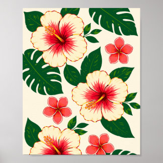Cream and Coral Pink Flowers with Green Leaves Poster