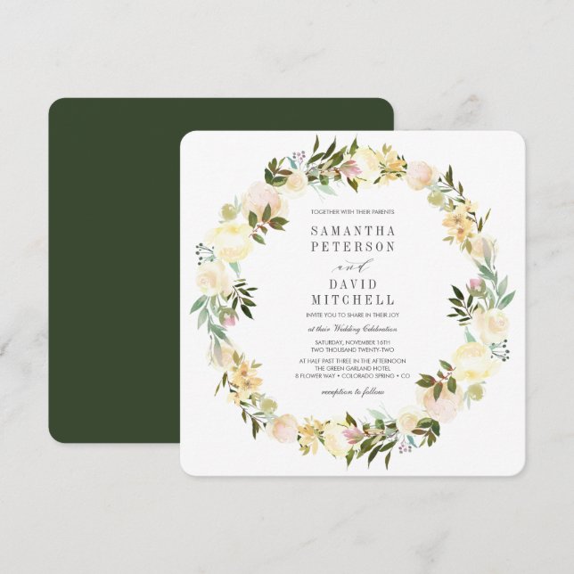 Cream and Forest Green |  Garland Floral Wedding Invitation (Front/Back)