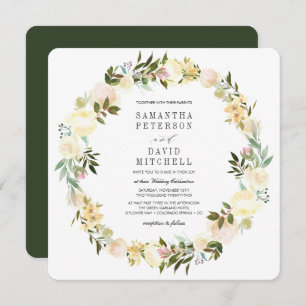 Cream and Forest Green    Garland Floral Wedding Invitation
