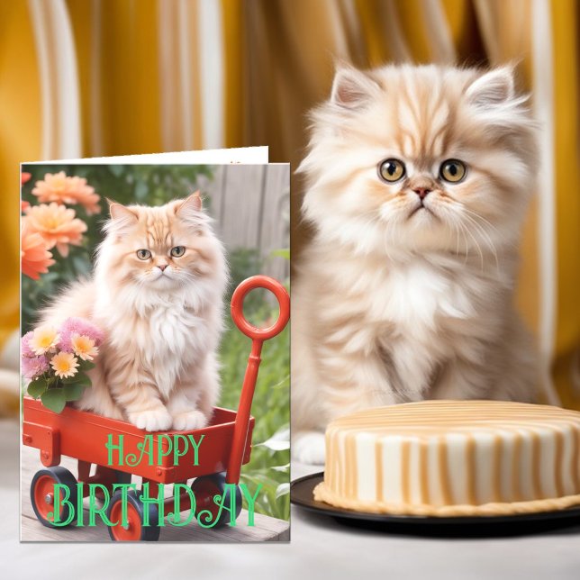 Cream and Ginger Tabby Cat in Red Wagon Birthday Card (Creator Uploaded)