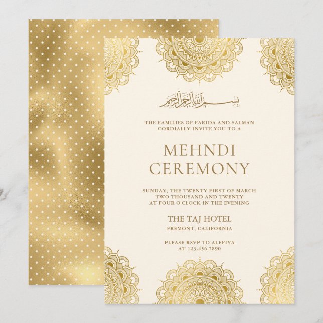 Cream and Gold Asian Motif Muslim Mehndi Ceremony Invitation (Front/Back)