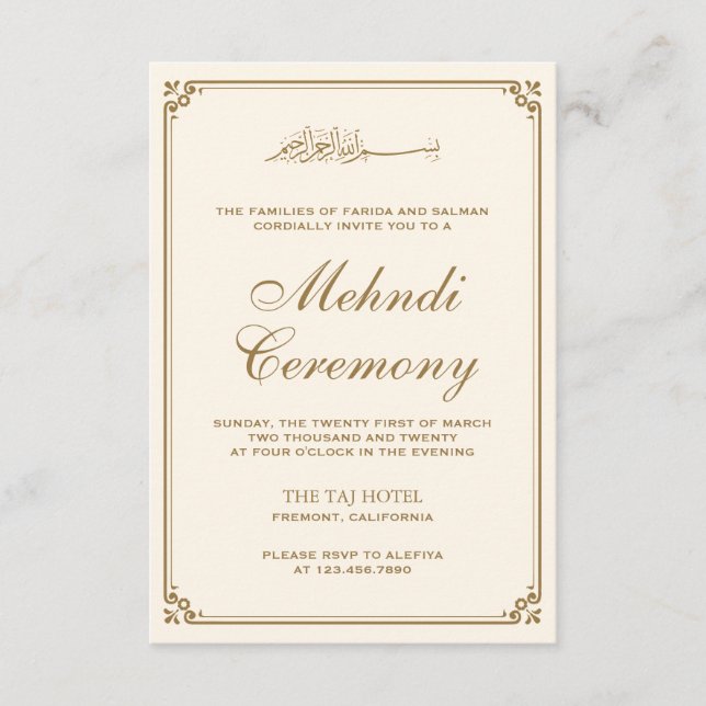 Cream and Gold Border Muslim Mehndi Enclosure Card (Front)