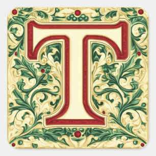 Cream and Gold Christmas Letter T Square Sticker