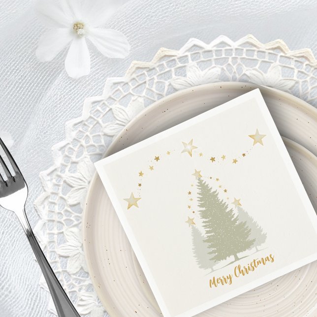 Cream and Gold Christmas Tree and Stars Napkin (Cream and Gold Christmas Tree and Stars Napkins)