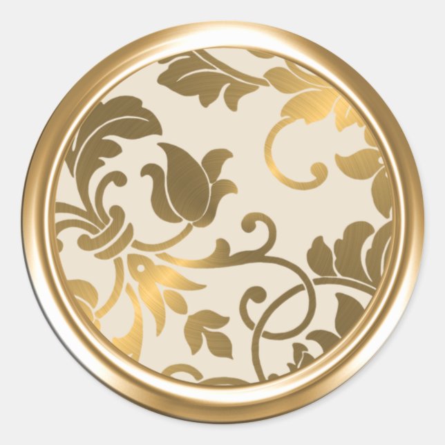 Cream and Gold Damask Classic Round Sticker (Front)
