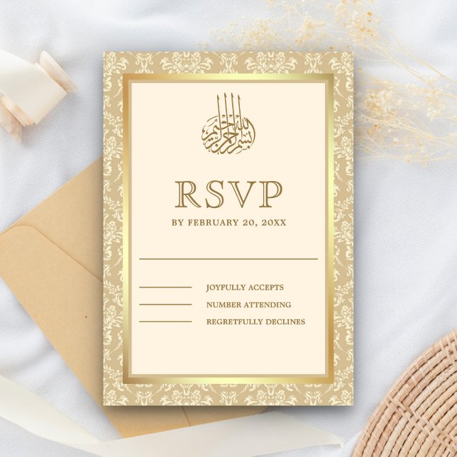 Cream and Gold Damask Islamic Muslim RSVP Card (Creator Uploaded)