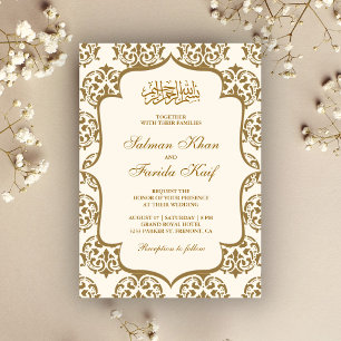 Cream and Gold Damask Islamic Muslim Wedding Invitation