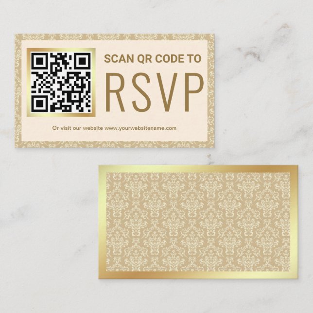 Cream and Gold Damask QR Code RSVP Wedding Website Enclosure Card (Front/Back)