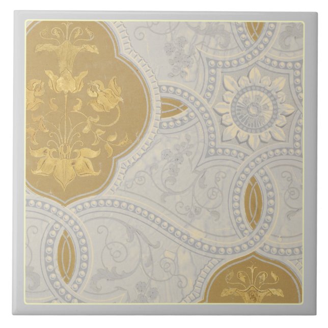 Cream And Gold Decorative Pattern Ceramic Tile (Front)