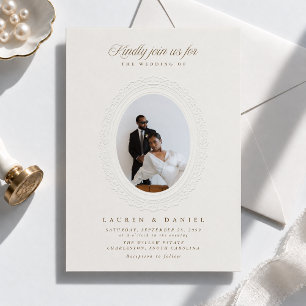 Cream and Gold Faux Embossed Oval Photo Wedding Invitation