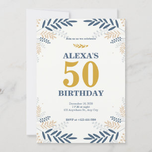 Cream and Gold Floral 50th Birthday Party  Invitation