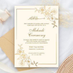 Cream and Gold Floral Leaves Branch Muslim Mehndi Invitation