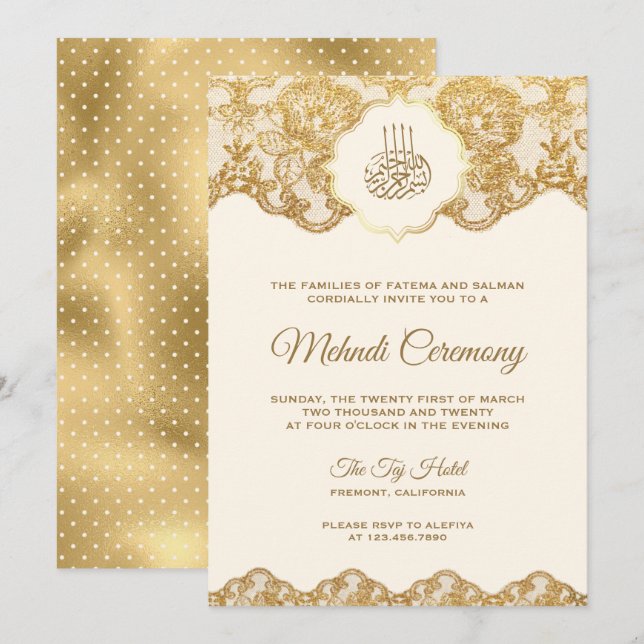 Cream and Gold Foil Lace Islamic Mehndi Ceremony Invitation (Front/Back)