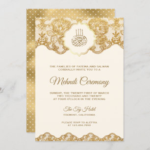 Cream and Gold Foil Lace Islamic Mehndi Ceremony Invitation
