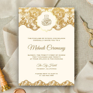 Cream and Gold Foil Lace Islamic Mehndi Ceremony Invitation