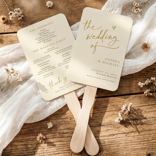 Cream and Gold Fun Wedding Program Fans (Gold and ivory wedding program fan in modern handwriting with heart.)