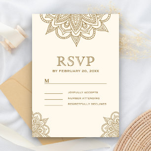Cream and Gold Henna Mehndi Wedding RSVP Card
