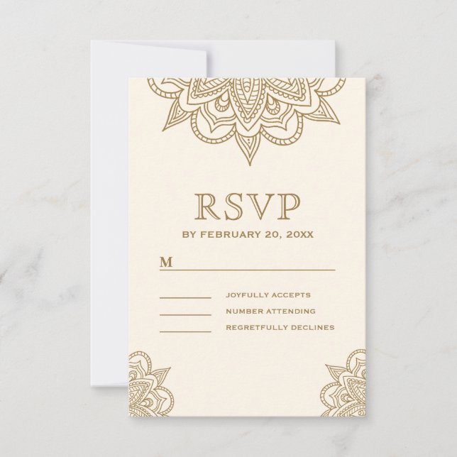 Cream and Gold Henna Mehndi Wedding RSVP Card (Front)