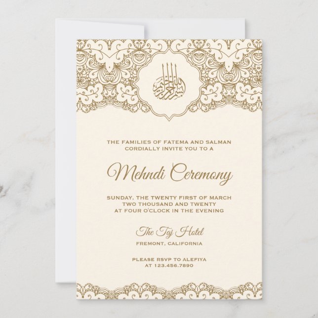 Cream and Gold Lace Islamic Mehndi Ceremony Invitation (Front)
