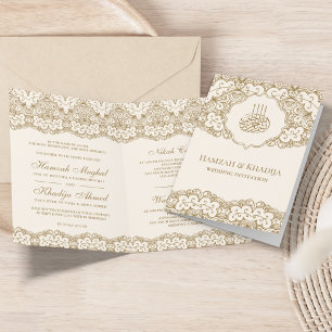Cream and Gold Lace Islamic Muslim Wedding Invitation