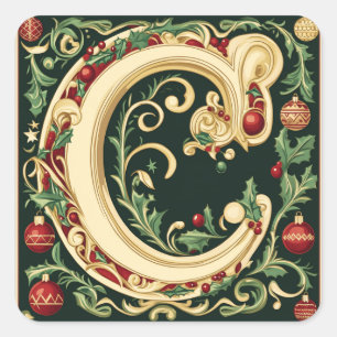 Cream and Gold Letter C with Christmas Greenery Square Sticker