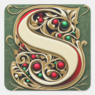 Cream and Gold Letter S with Christmas Greenery Square Sticker