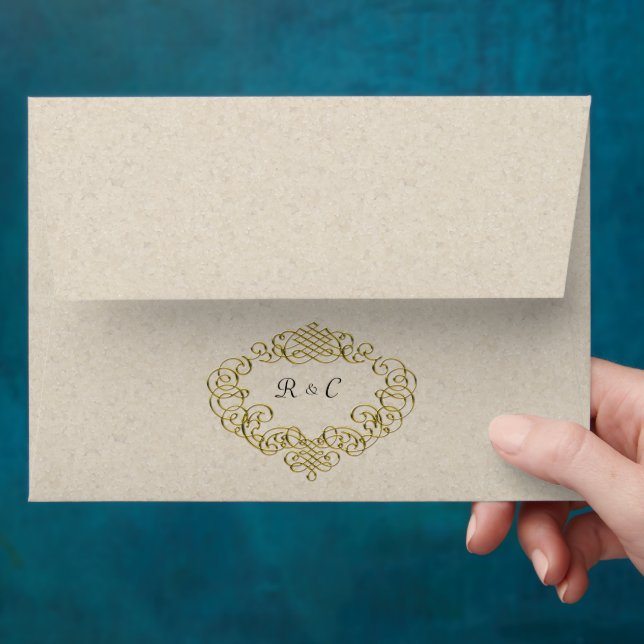 Cream and Gold Metallic Crest Wedding Envelope (Hand)