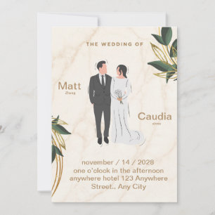 Cream and Green Floral Vintage Illustration Weddin Invitation