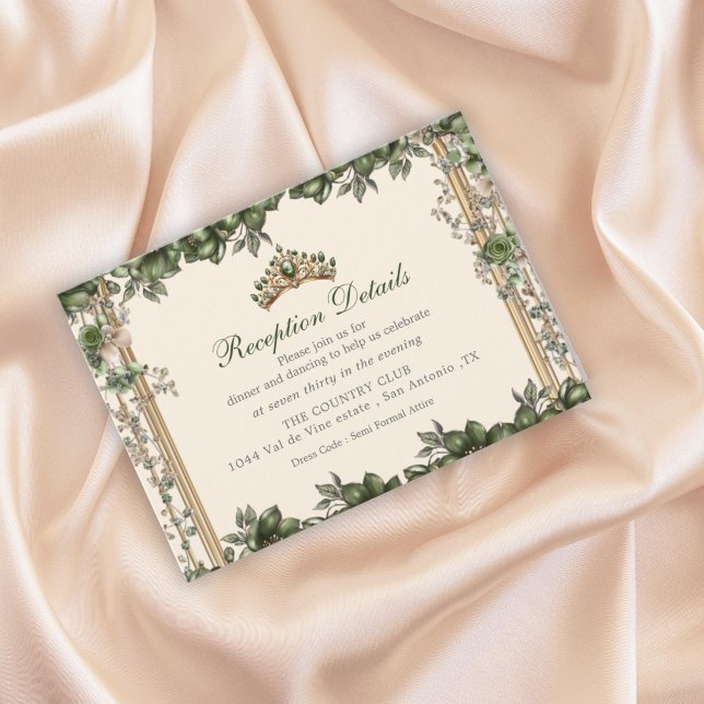 Cream and Green Golden Tiara Floral Quinceañera Enclosure Card (Creator Uploaded)