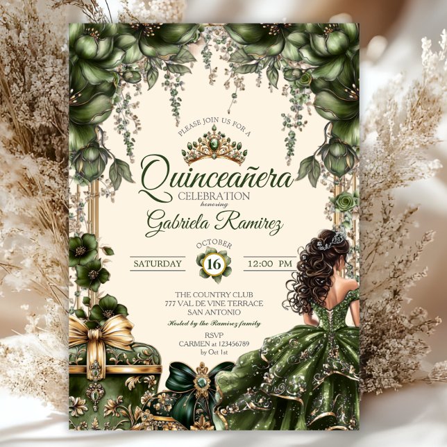 Cream and Green Golden Tiara Floral  Quinceañera Invitation (Creator Uploaded)