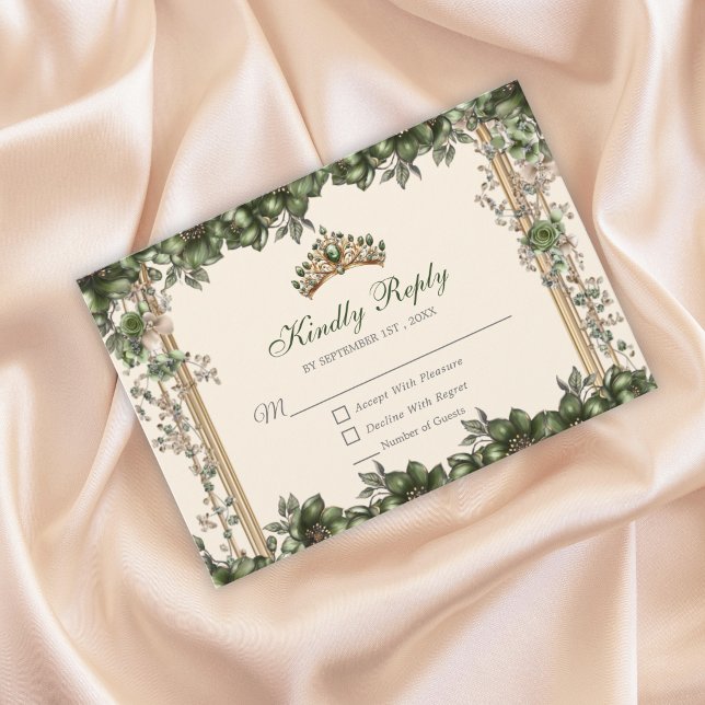 Cream and Green Golden Tiara Floral Quinceañera RSVP Card (Creator Uploaded)