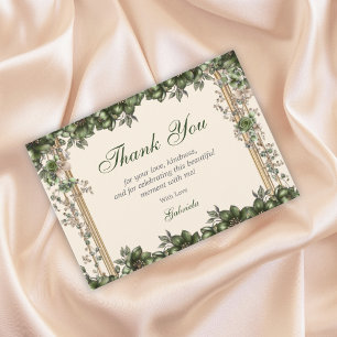 Cream and Green Golden Tiara Floral Quinceañera Thank You Card