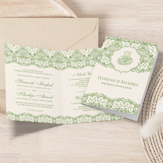 Cream and Green Lace Islamic Muslim Wedding Invitation (Creator Uploaded)