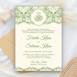 Cream and Green Lace Islamic Muslim Wedding Invitation