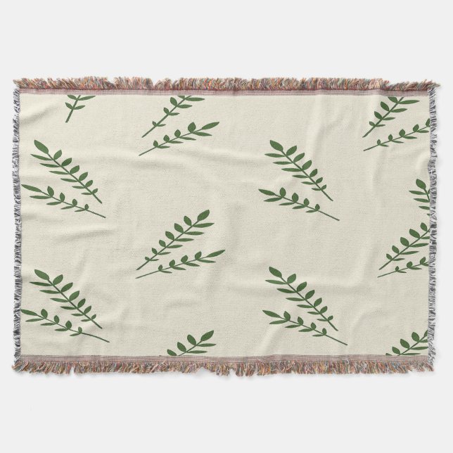 Cream and Green Leaves Throw Blanket (Front)