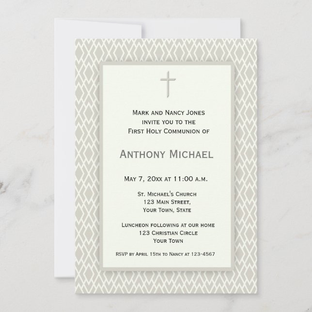 Cream and Grey Diamond Pattern First Communion Invitation (Front)