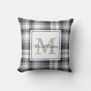 Cream and Heather Grey Plaid Family Name Cushion