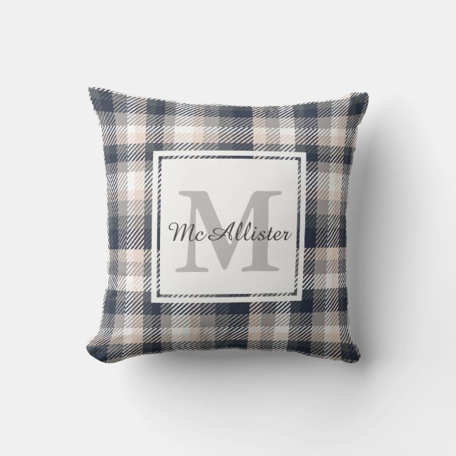 Cream and Heather Grey Plaid Family Name Cushion (Front)