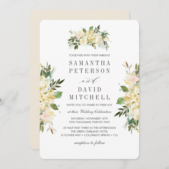 Cream and Ivory |  Botanical Chic  Floral Wedding Invitation (Front/Back)