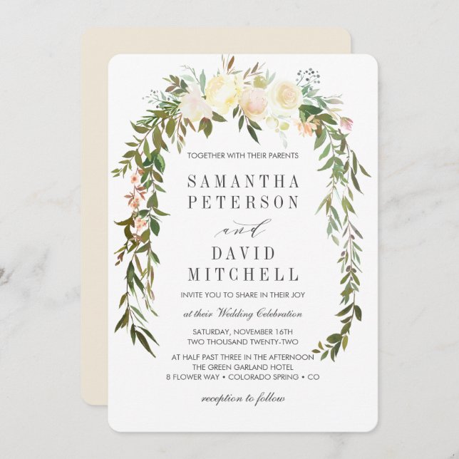 Cream and Ivory | Botanical Garland Floral Wedding Invitation (Front/Back)