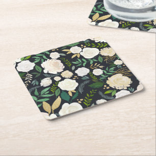 Cream and Ivory Floral Pattern with Glitter Black Square Paper Coaster
