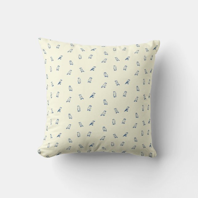 Cream and Navy Arctic Bird Pattern with Puffins Cushion (Front)